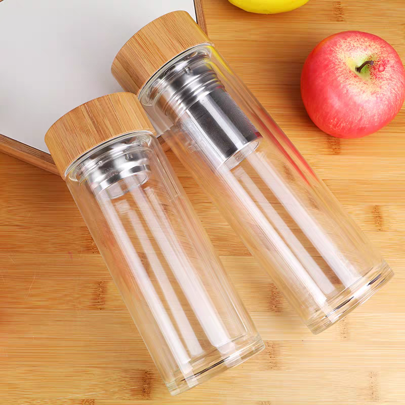 Double-layer bottle Bamboo Lid Glass Straight