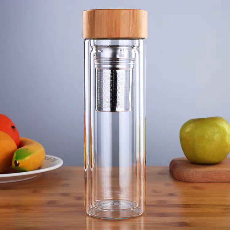 Double-layer bottle Bamboo Lid Glass Straight