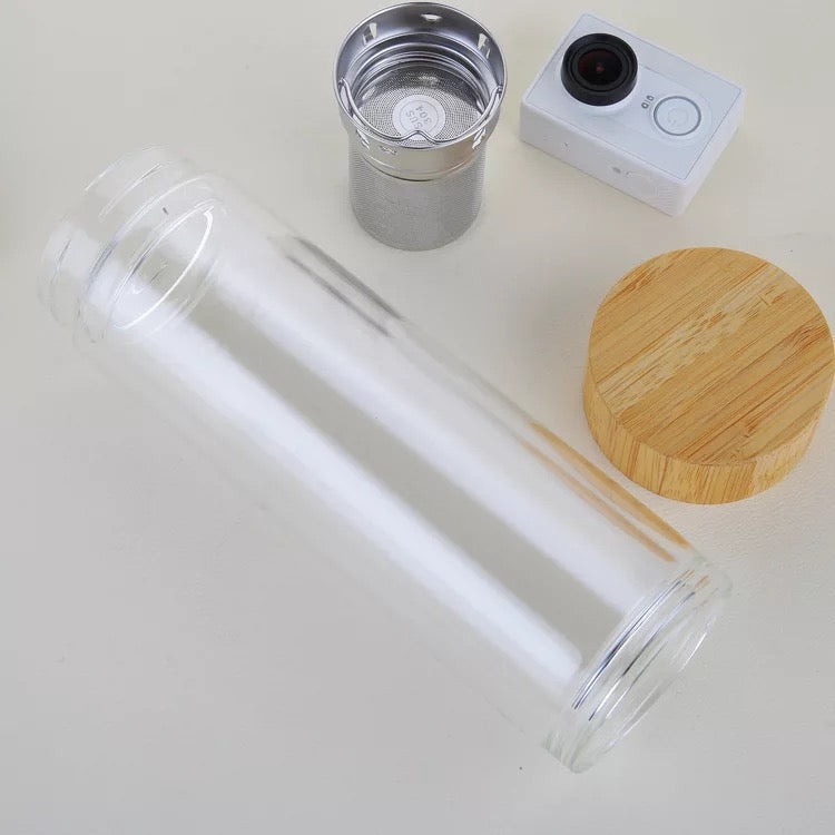 Double-layer bottle Bamboo Lid Glass Straight
