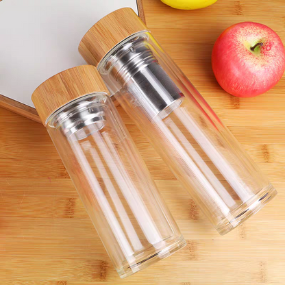 Double-layer bottle Bamboo Lid Glass Straight