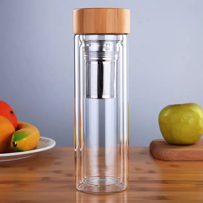 Double-layer bottle Bamboo Lid Glass Straight